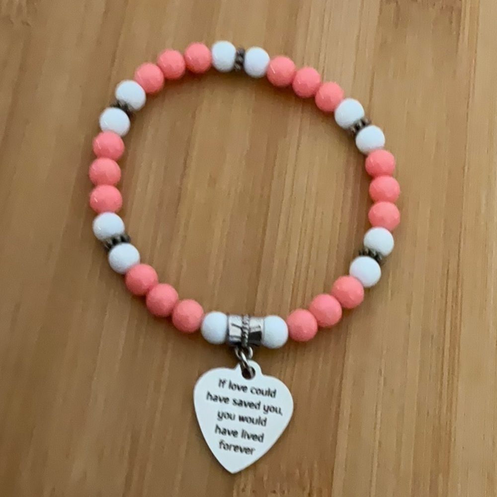Hand Crafted Cancer Awareness Charm Bracelet Uterine Vaginal Peach White Beads